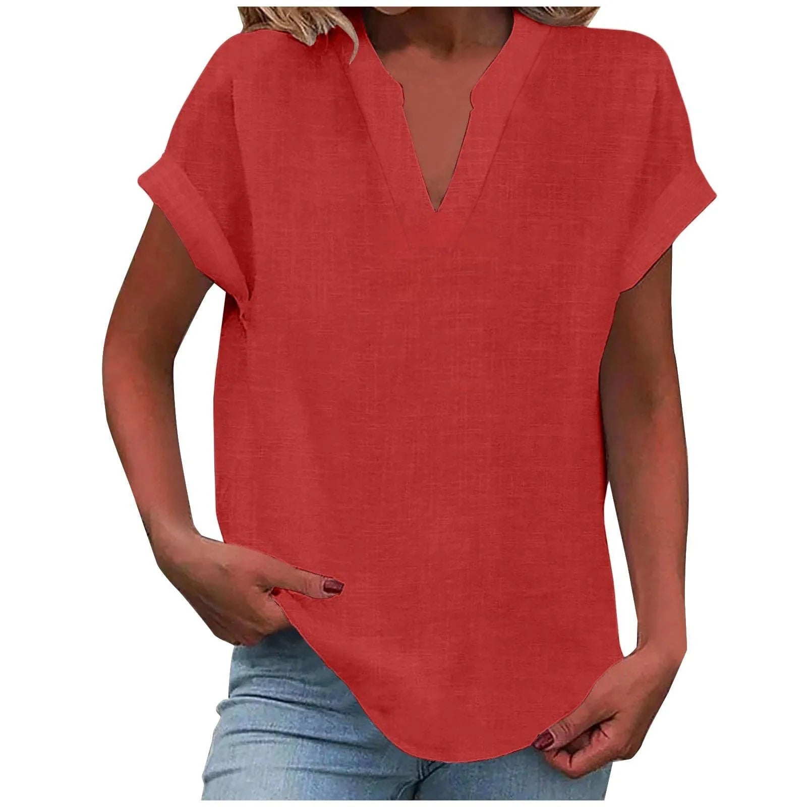 Summer Cotton Linen Breathable Solid Color Button Down V-neck Shirt Basic And Versatile Casual Comfortable Lady Office Tops 2025