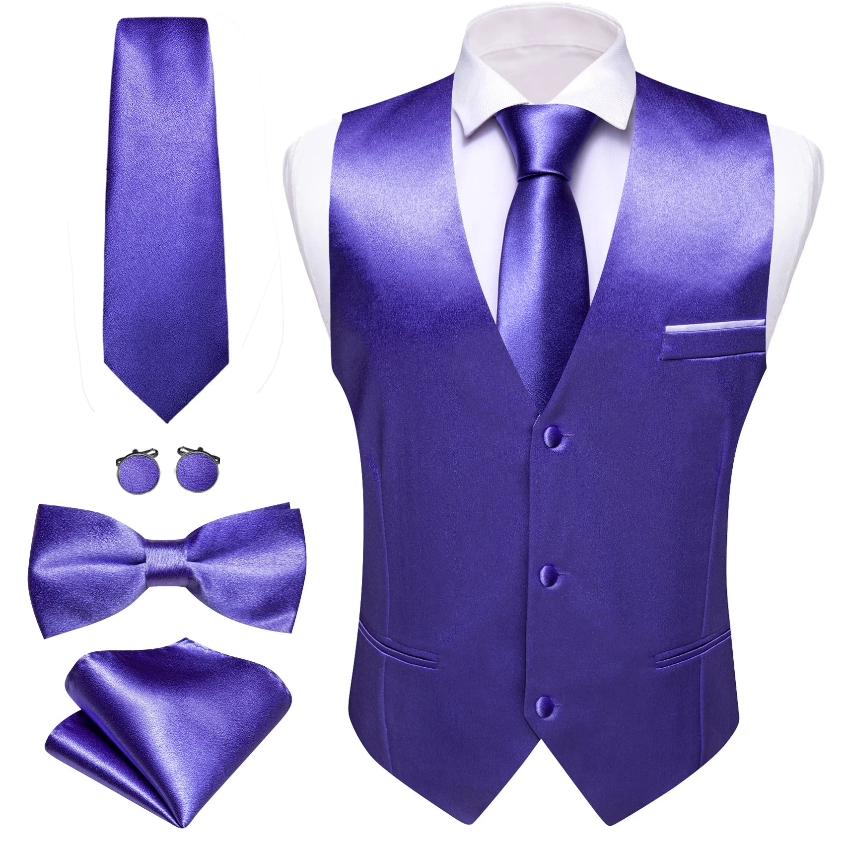 Designer Men's Vest Dark Green Solid Silk Satin Waistcoat Tie Bowtie Hanky Wedding Formal Male Suit Sleeveless Jacket Barry Wang
