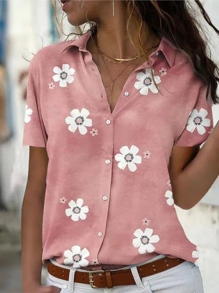 Women's Spring Summer New Style Slimming Fashion Flower Printed Short Sleeve Collar Loose Casual Comfortable Button Shirt