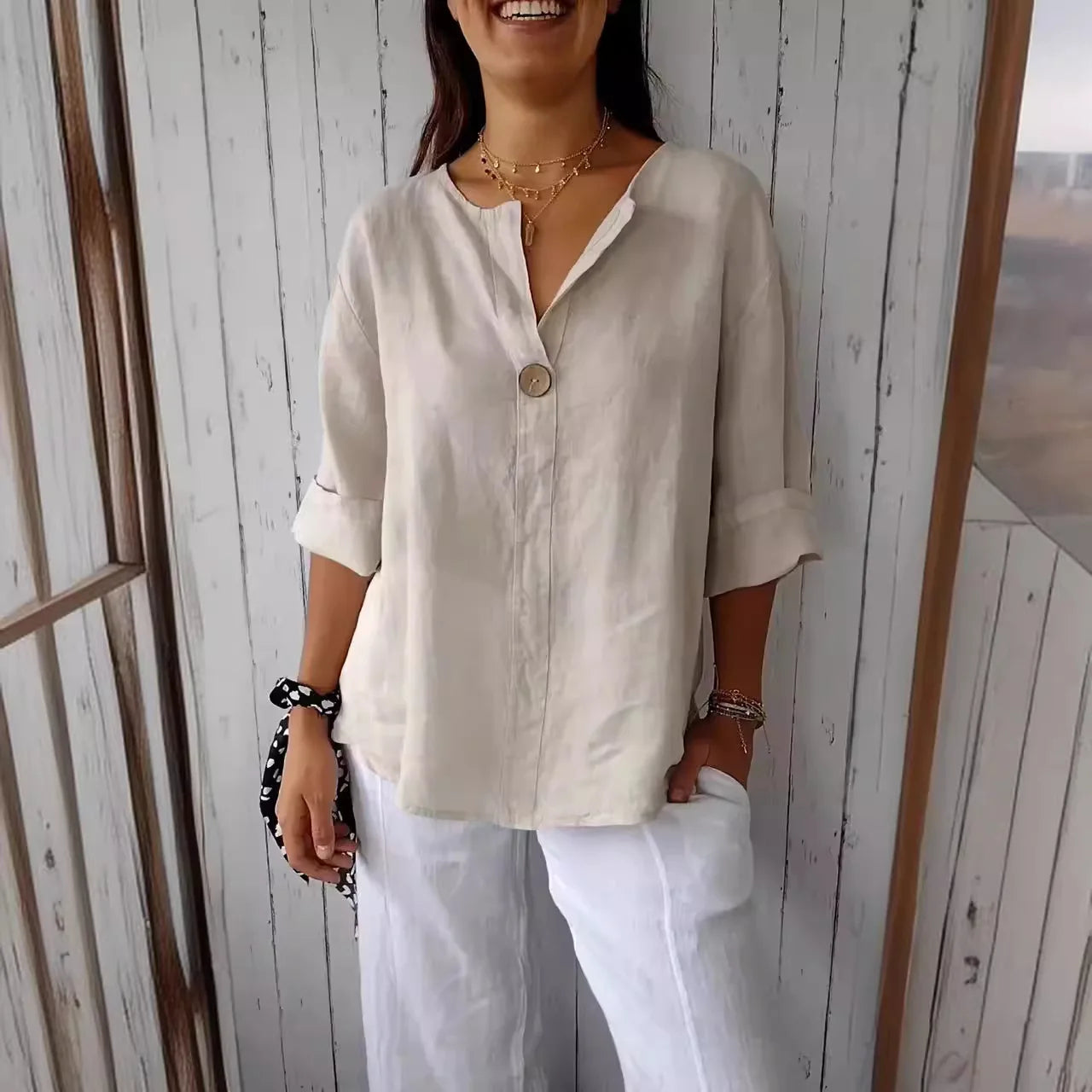 Summer Shirt And Blouses For Women Top V-neck Button Tee Shirts Casual 3/4 Sleeve White Top Loose Fit Pullover Women's