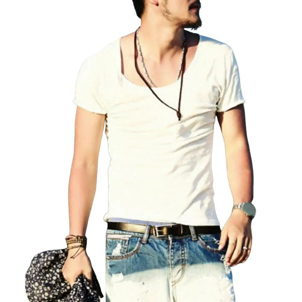 Men Summer T-shirt Large V Neck Thin Casual Male T-shirt Solid Color Slim Fit Breathable Short Sleeves Stretchy Men Top
