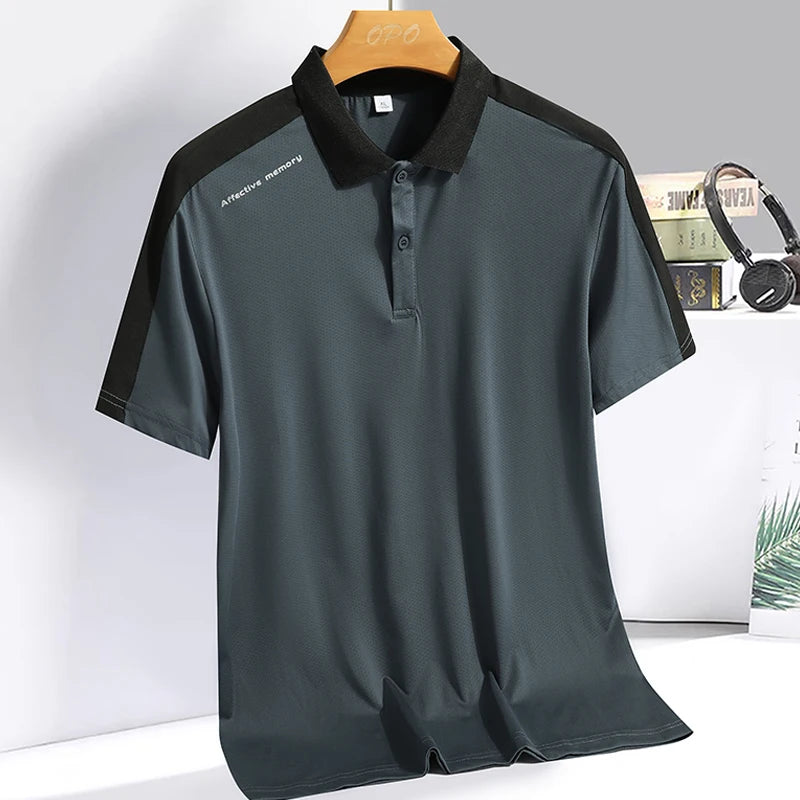 Men's Polo collar top with summer ice silk breathable quick drying short sleeved T-shirt patchwork contrasting color polo shirt