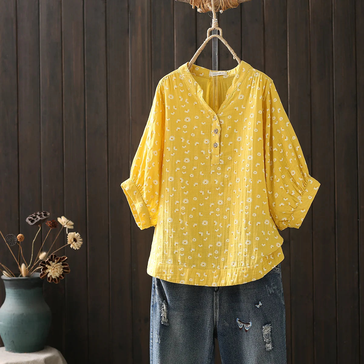 100% Cotton Yarn Shirts Large Size Tops Women Pastoral Style V Neck Half Sleeve Printed Shirts and Blouses Middle Aged Women