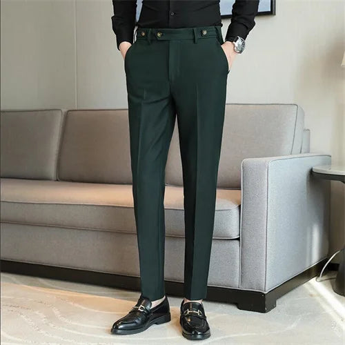 Pure Color Male Business Wedding Dress Pants Fashion Unique Design Men Waist Adjustable Suit Pant No Belt Slim Trousers Homme