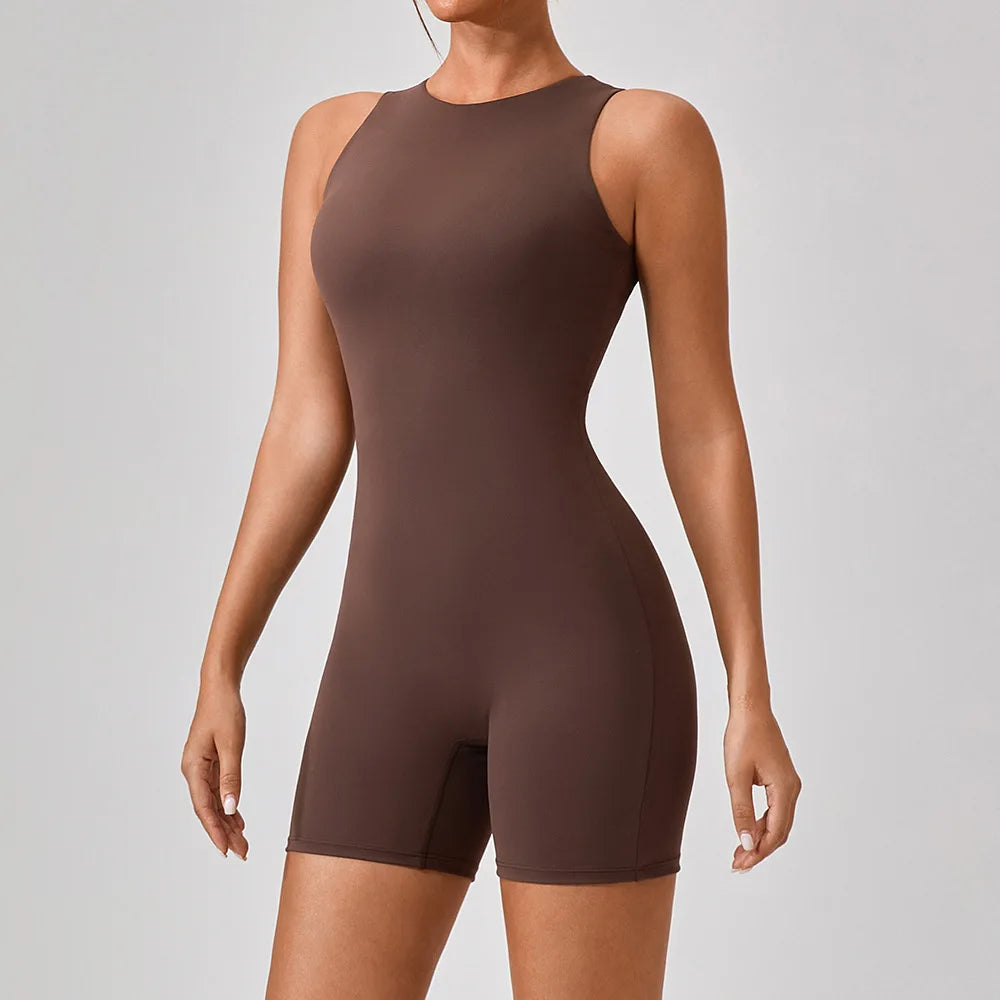 Sleeveless Sport Full Body Jumpsuit Back Zipper Women Unitard Gym Short Playsuit Yoga Wear Female Fitness Overalls Romper White