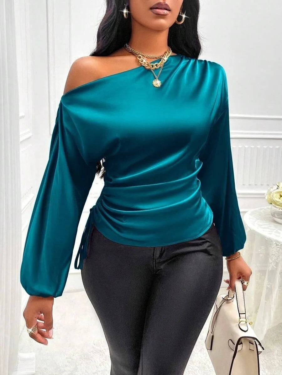 Autumn Winter Temperament Slant Shoulder Long Sleeve Sexy Open Shoulder Loose Slant Collar Design Blouse