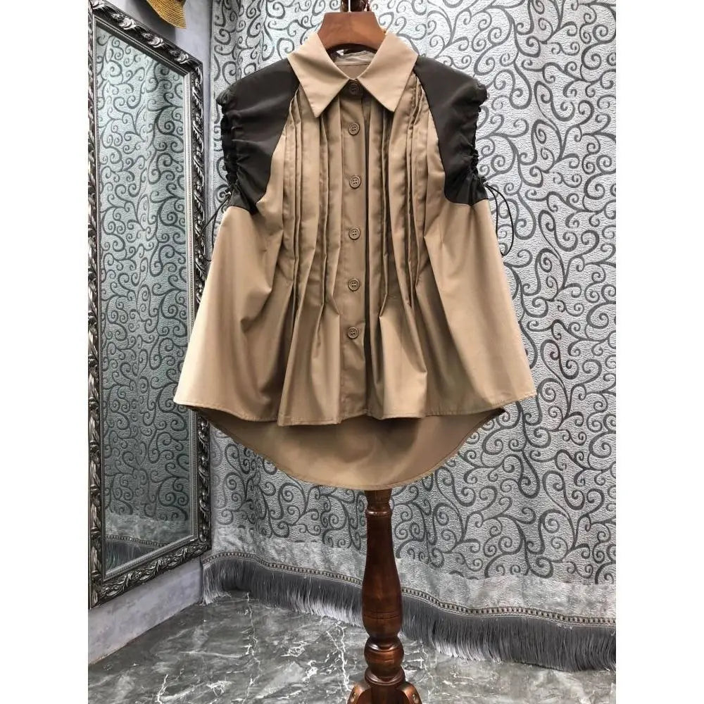 Neploe Turn Down Collar Single-breasted Blouse Pleated Drawstring Patchwork Shirts Korean 2025 Fashion Loose Casual Blusas