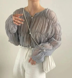 2Colors Korean style long sleeve blouses 2022 Spring Autumn womens Loose Pleated Chiffon tops and blouse Outwear Shirts(C0001)