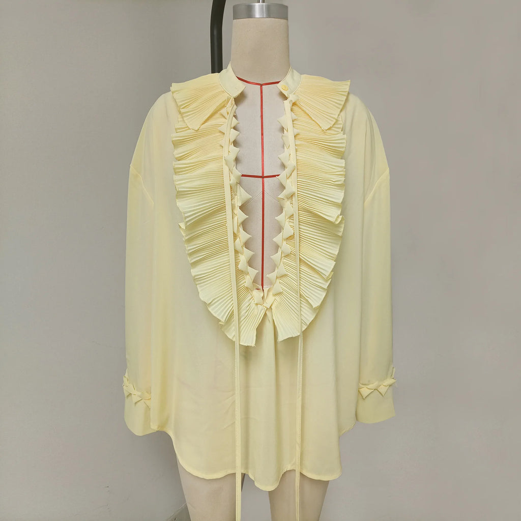 Talenza Casual Chiffon Shirt Women Fashion Pleated Lace-up Solid Lace Top Summer Vacation Loose Vintage Elegant  Female Blouses