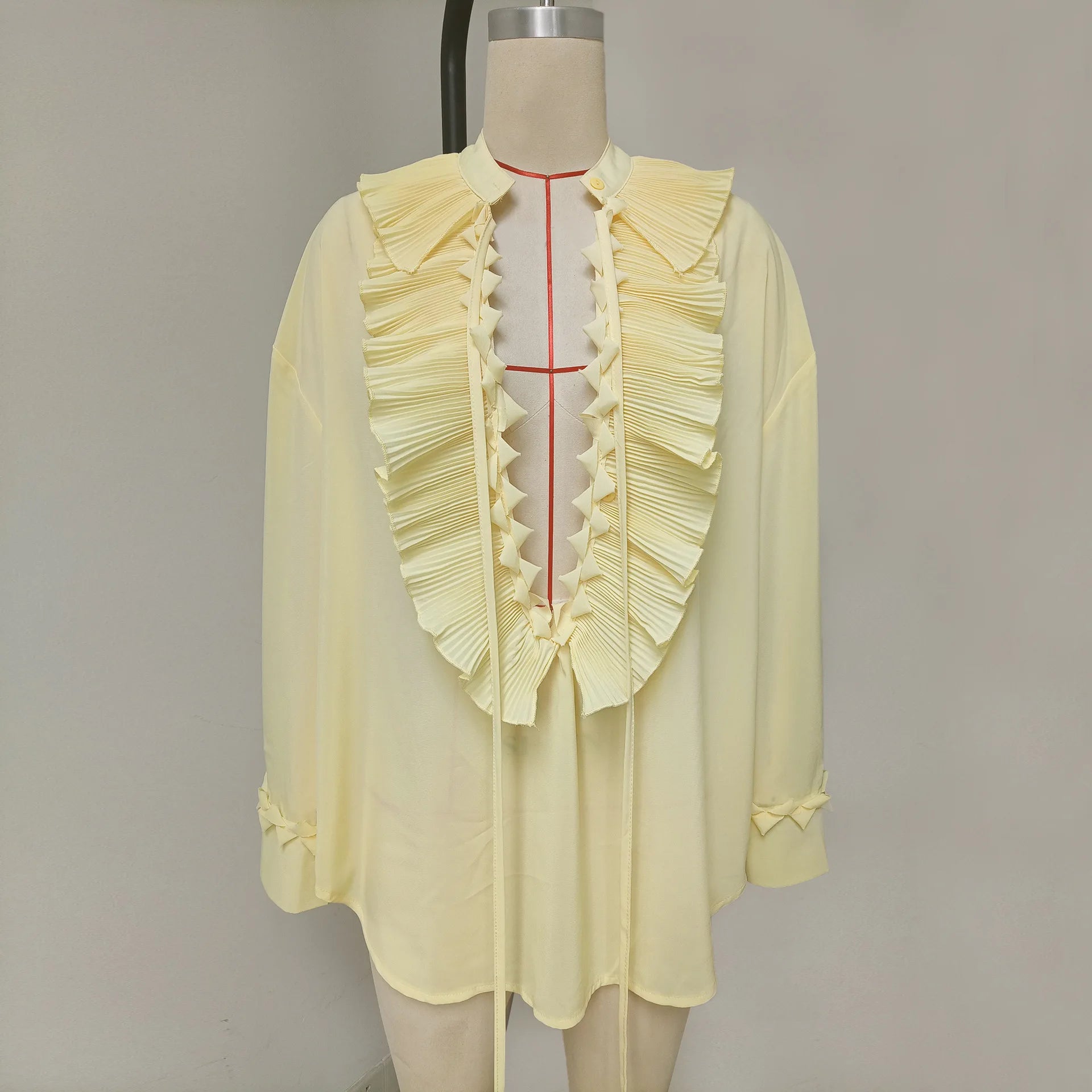 Talenza Casual Chiffon Shirt Women Fashion Pleated Lace-up Solid Lace Top Summer Vacation Loose Vintage Elegant  Female Blouses