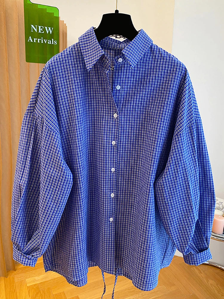Blue Plaid Long Sleeve Loose Shirts Fashion Korean Split Bandage Blouse Women Oversized Spring Tops 2025 Casual Vintage Blouses