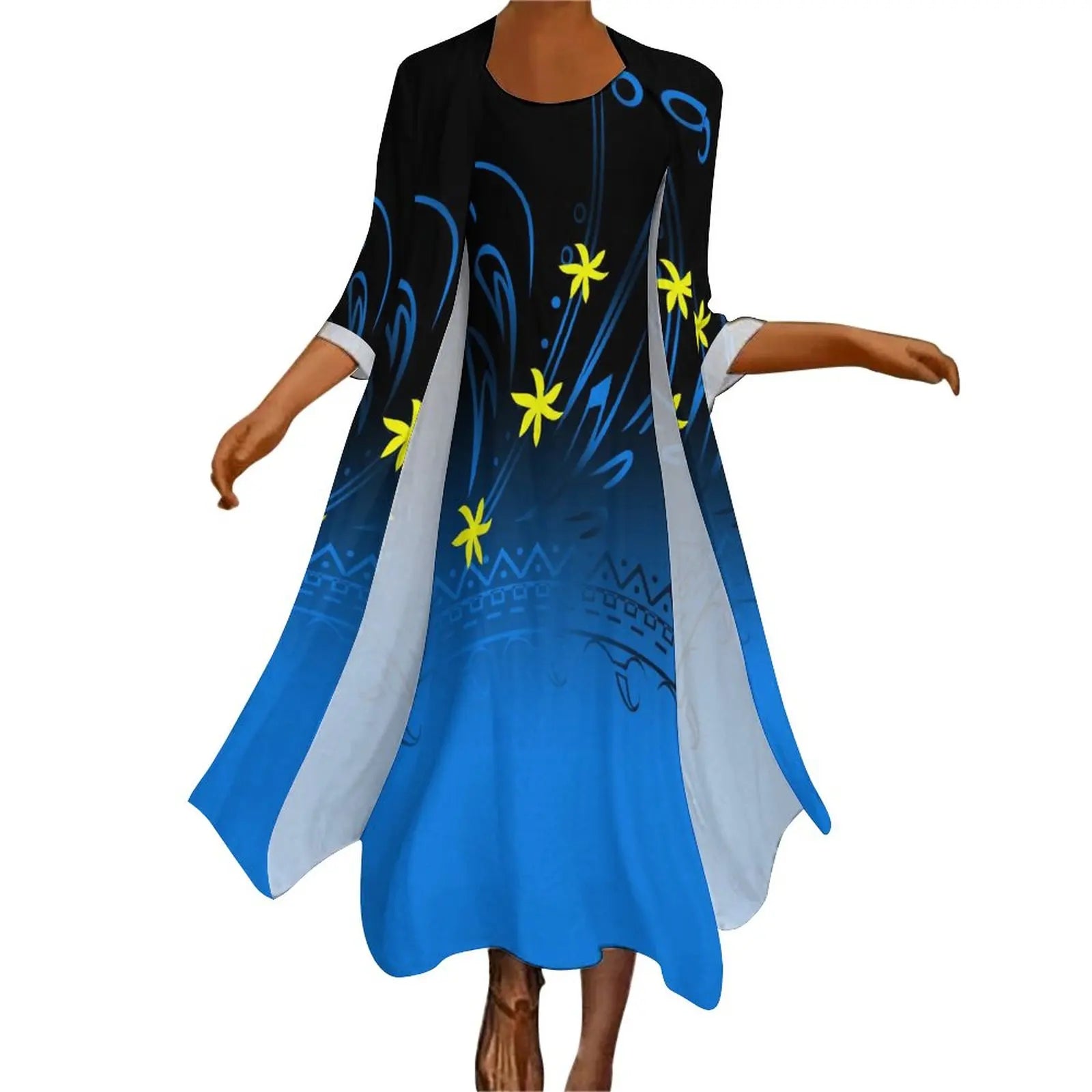 New high stretch two piece dress set women clothing custom Big people polynesian dress & Kimono cloak set women's cardigan suit