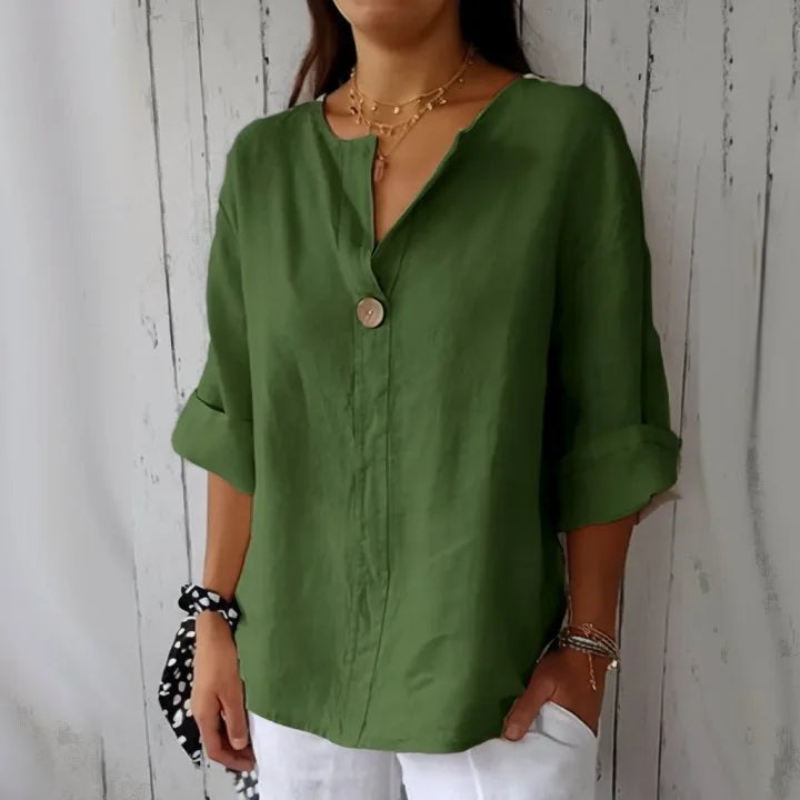 Summer Shirt And Blouses For Women Top V-neck Button Tee Shirts Casual 3/4 Sleeve White Top Loose Fit Pullover Women's