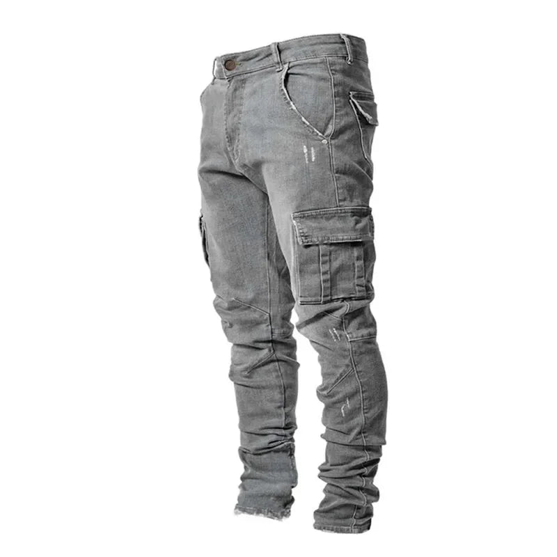 Autumn Winter New Men's Clothing Solid Color Stretch Multi-Bag Skinny Pants Slim Slimming Denim Cargo Pants Jeans