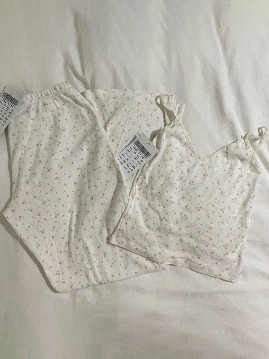Skull Print Gray Vest Pants 2 Pieces Set Pajama Woman Sleeveless Slim Tank Top High Waist Straight Long Pant Cotton Vintage Sets