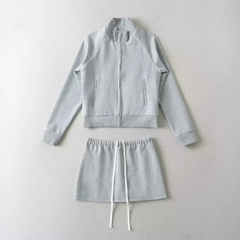 Zip Up Sweat and Mini Skirt Set for Women, Contrast Piping Detail, Co-ord