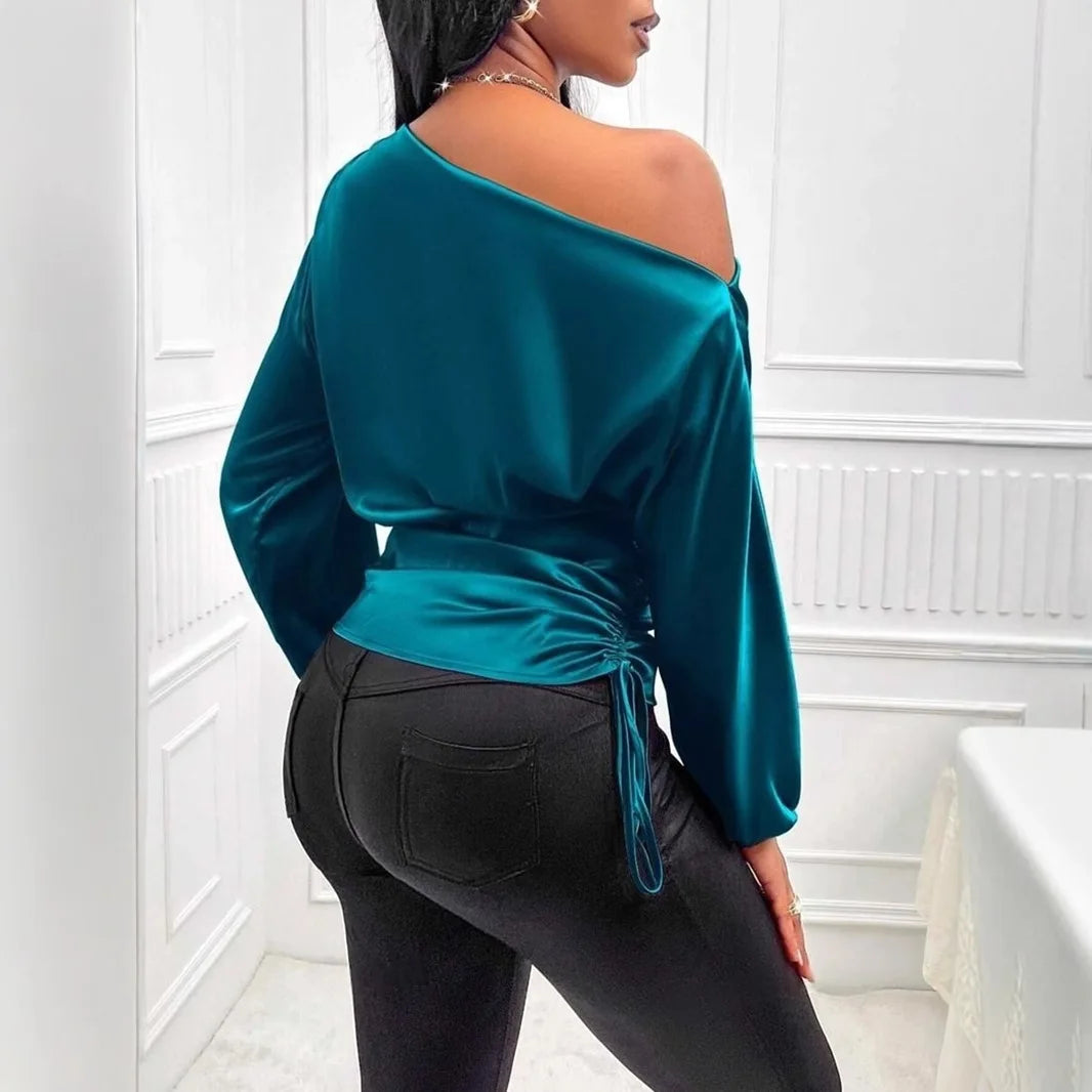 Autumn Winter Temperament Slant Shoulder Long Sleeve Sexy Open Shoulder Loose Slant Collar Design Blouse