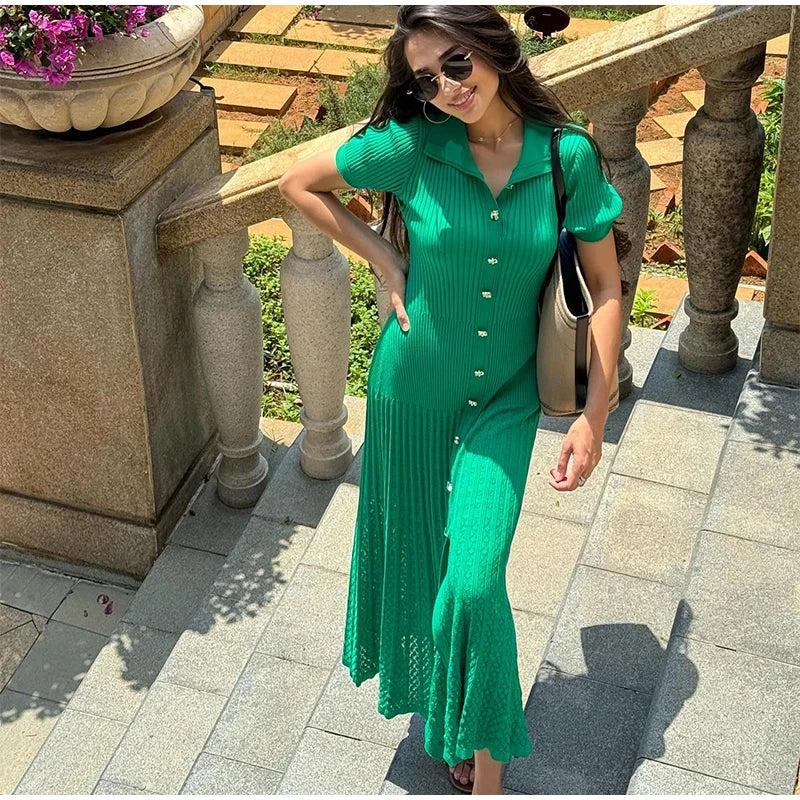Knit Solid Women's Dress Short Sleeve O Neck Lady Dresses 2025 Elegant Summer Single Breasted Hip Package High Waist Female Rube