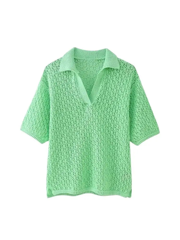 TRZA Women Fashion Pointelle Knit Loose Sweater Polo Collar Short Sleeve Female Pullovers Chic Tops