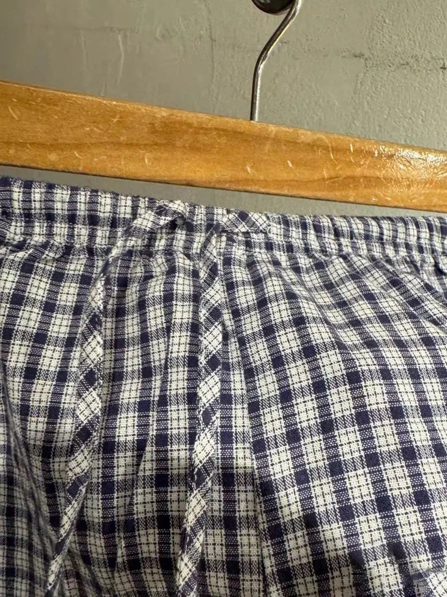 Navy Plaid Tank Shorts 2 Piece Sets Woman Lace Trim Buttons Lace-up Camis+Drawstring Sweatshorts Vintage Sweet Home Cotton Set