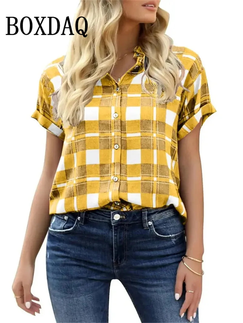 Spring Summer Casual Women's Short Sleeve Blouses Fashion Lapel Button Loose Shirts Classic Plaid Print Women Short Sleeve Tops