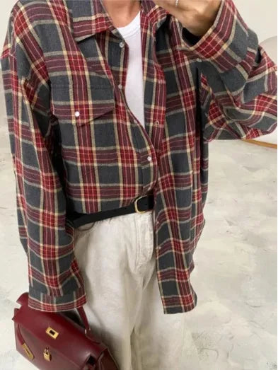 New Vintage Women Oversized Long Sleeve Plaid Shirt Blouse Tops Autumn Winter Button Down Loose Lapel Pocket Shirt Korean Style