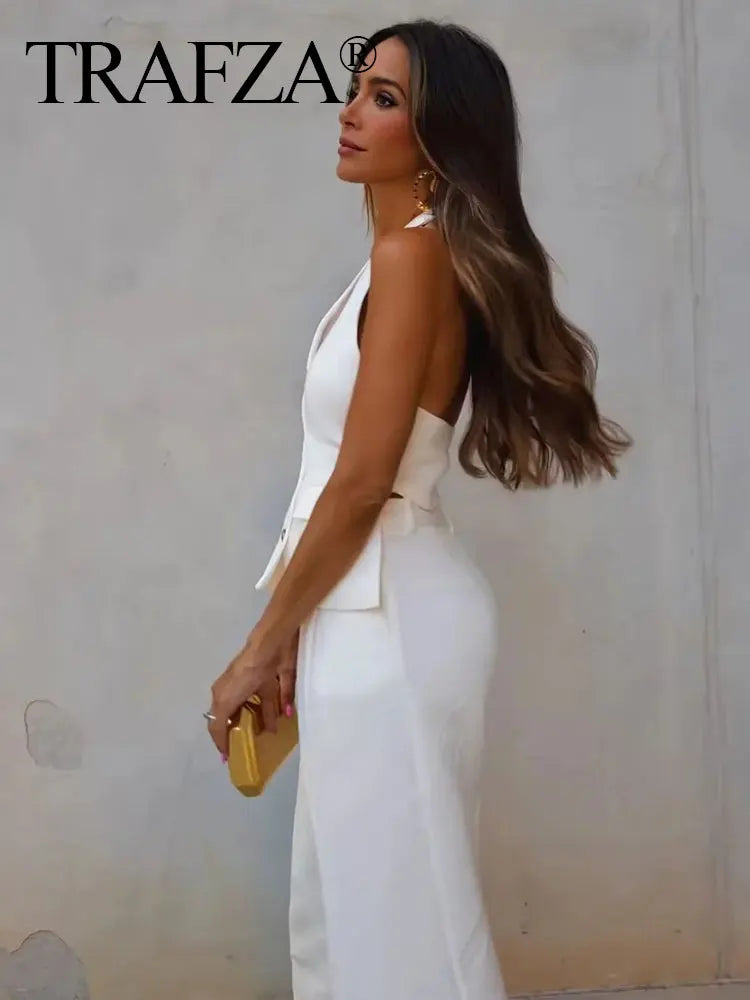 TRAFZA Women Fashion Solid Pant Suit Halter Single Breasted Sleeveless Blazer Vest Top Zipper Fly Trousers Office Lady Sets
