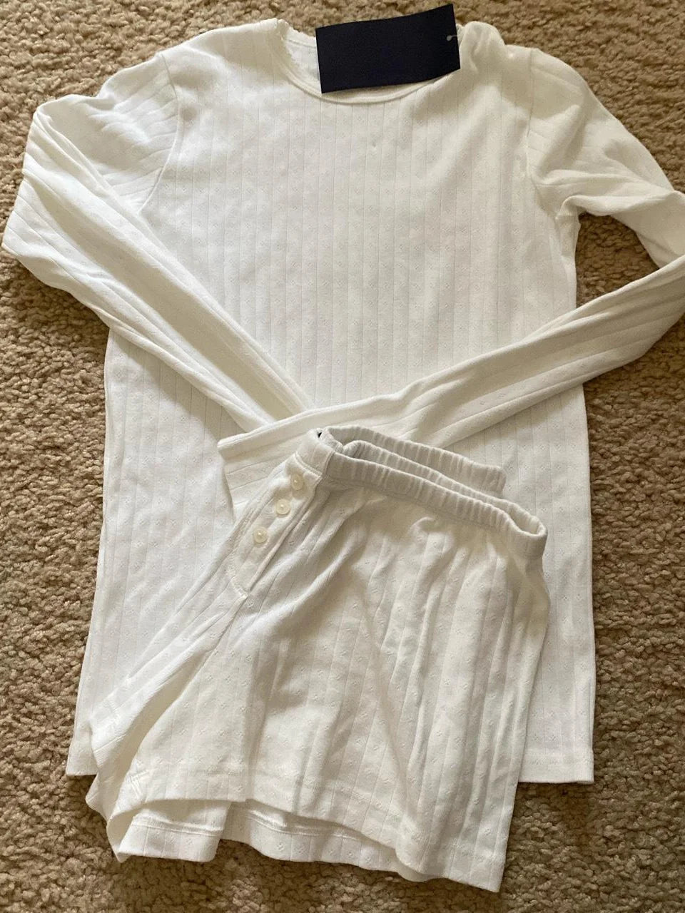 Eyelet Buttons White Long Sleeve T-shirt Shorts Set Woman Slim Tees+Elastic Straight Sweatshort Cotton Home Pajama 2 Piece Sets