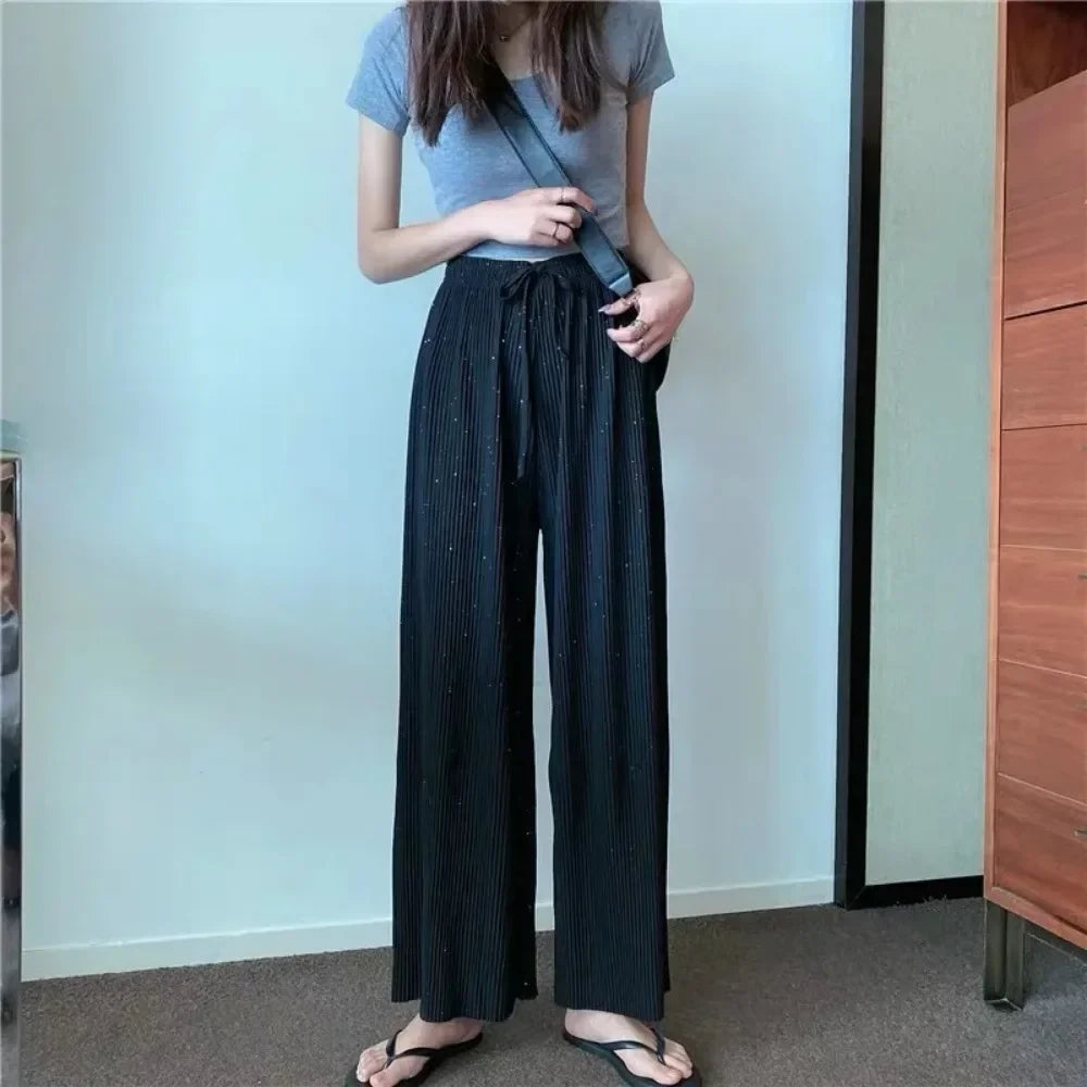 Sparkling Drap Pants 2022 Starry Sky Wide Leg Pants Diamond Trouser Casual Beach All-match Thin Pleated Culottes Breathable Soft