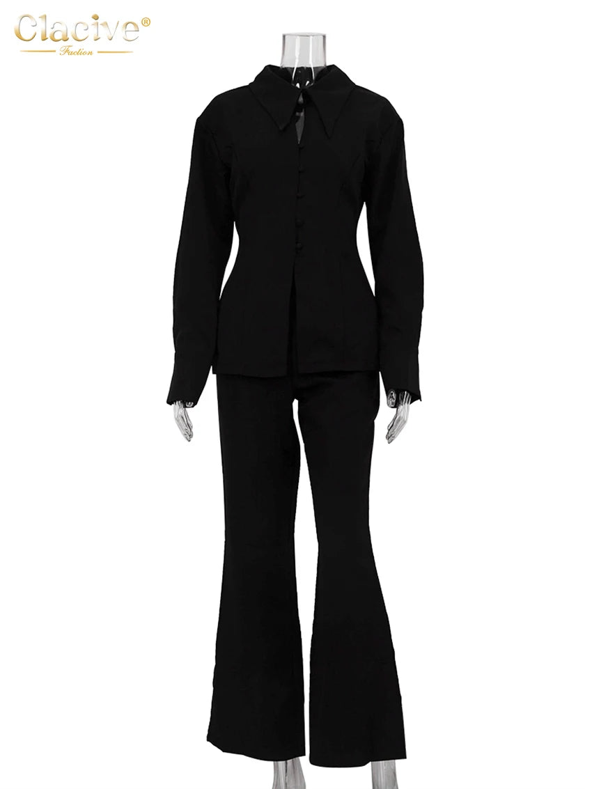 Clacive Bodycon Black Office 2 Piece Sets Women Outfit 2025 Fashion Long Sleeve Shirt With High Waist Pants Wide Set Female