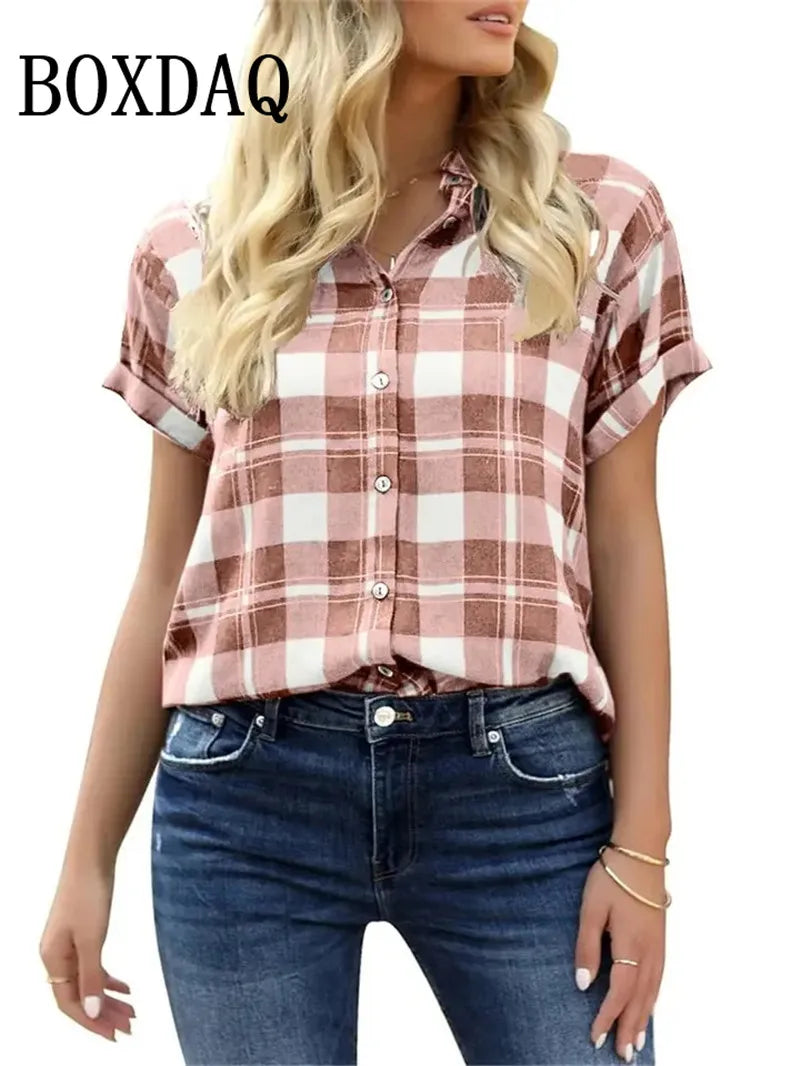 Spring Summer Casual Women's Short Sleeve Blouses Fashion Lapel Button Loose Shirts Classic Plaid Print Women Short Sleeve Tops