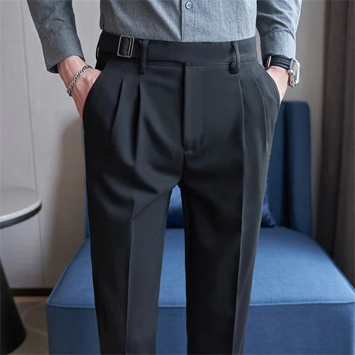 Pure Color Male Business Wedding Dress Pants Fashion Unique Design Men Waist Adjustable Suit Pant No Belt Slim Trousers Homme