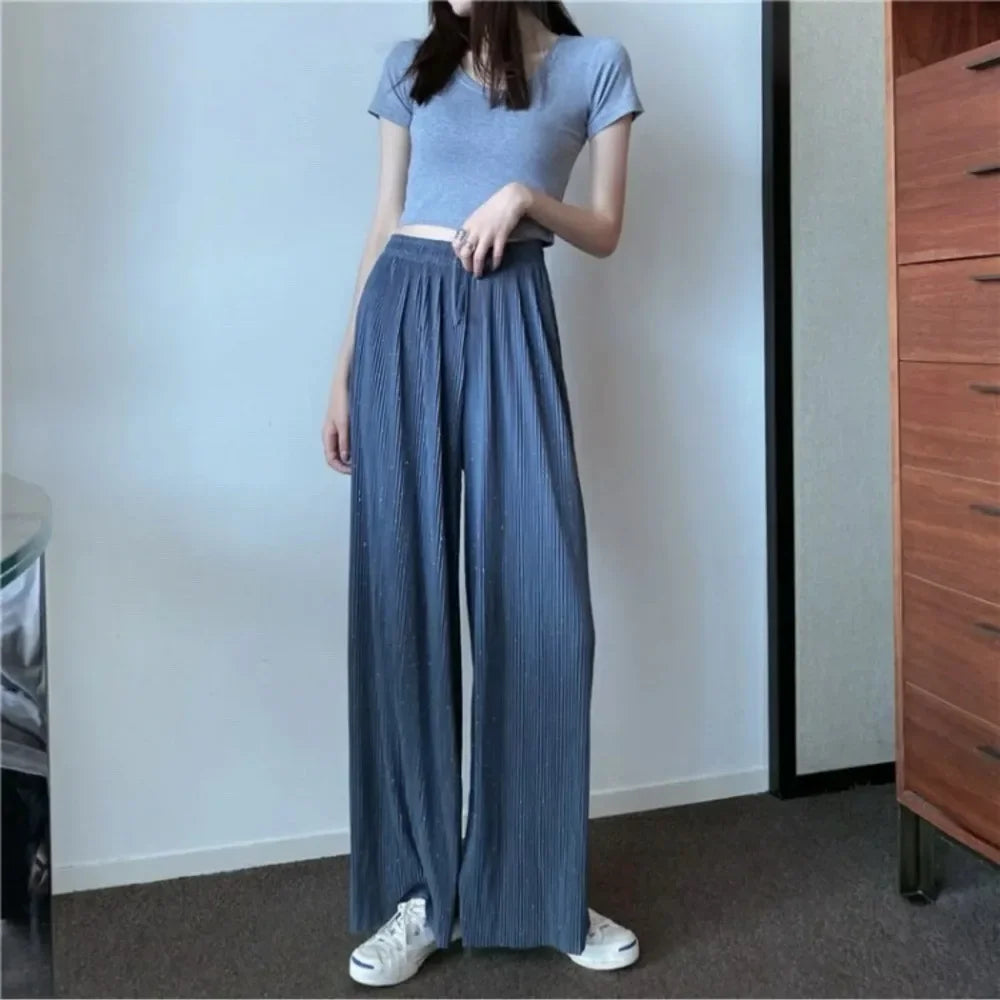 Sparkling Drap Pants 2022 Starry Sky Wide Leg Pants Diamond Trouser Casual Beach All-match Thin Pleated Culottes Breathable Soft