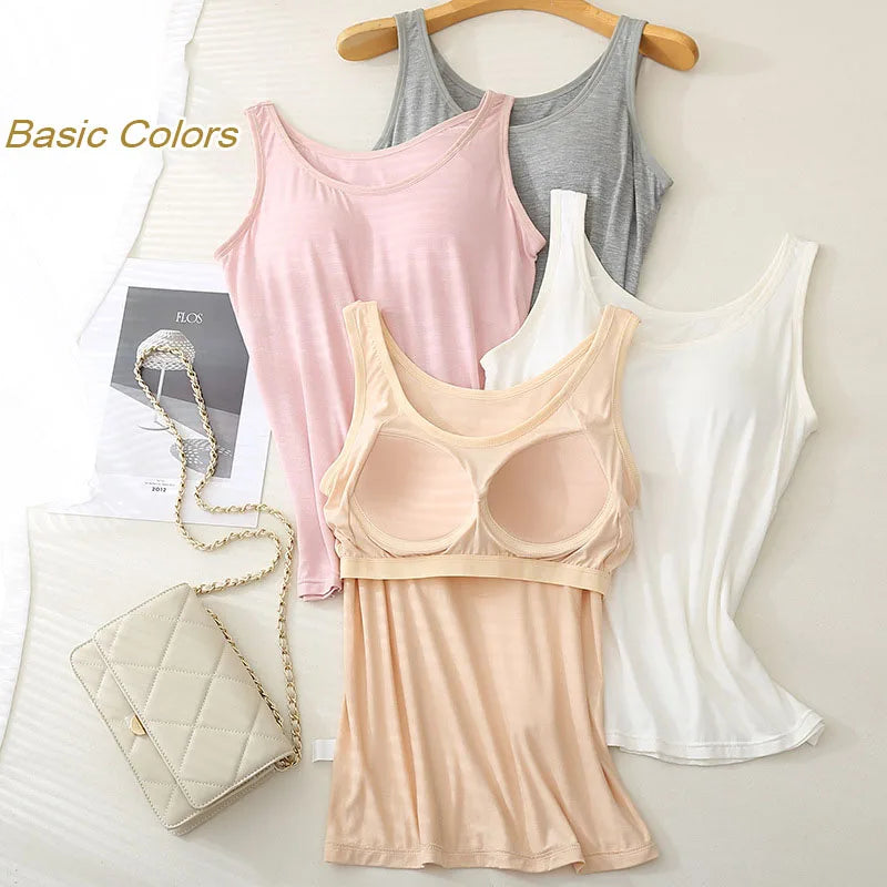 For 37-82kg Soft Modal Plus Size Tank Tops With Fixed Chest Pad For Women Integrated Wear-Free Underwear