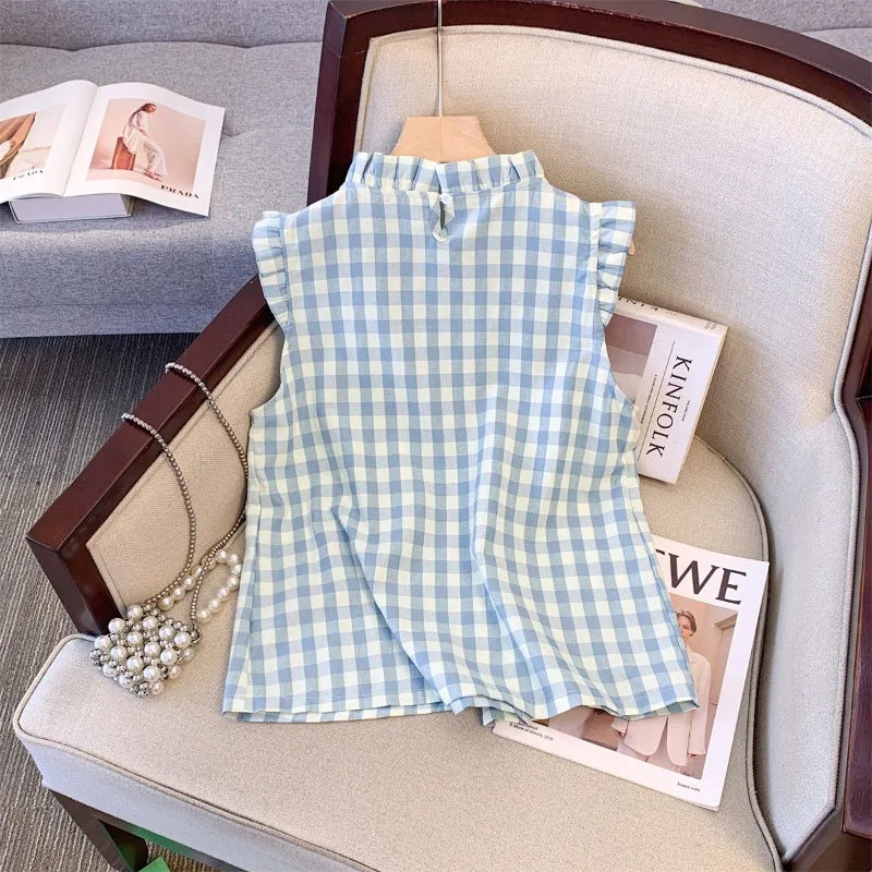 Korean Blouses Women Clothing Stand Neck Sleeveless Sweet Shirts 2025 Camisas De Mujer Loose Ruffles Ruffles Plaid Summer Blouse