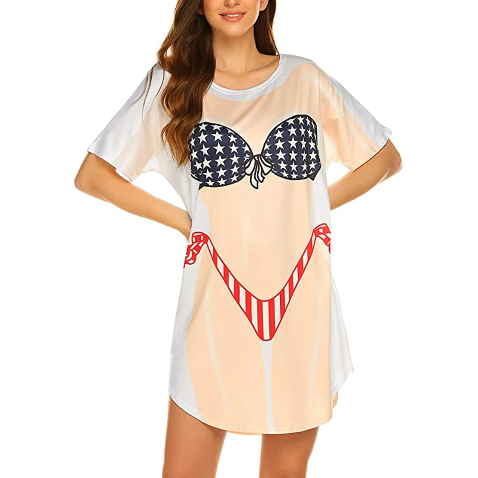 Funny Shirts for Women 3D Bikini Printed Short Sleeve Baggy T Shirt Ladies Oversized Fake Body Graphic Swimsuit Beach Coverup