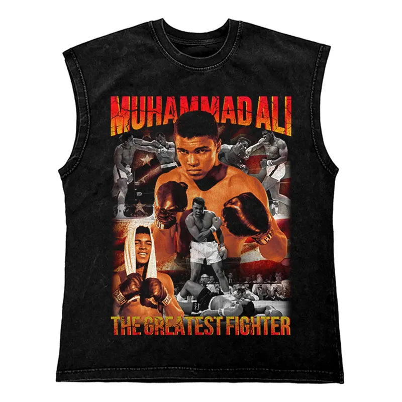 Hip Hop Streetwear T Shirt Men Washed Vest Oversized Cotton Combat Boxing Portrait Graphic Tank Tops 270Gym Tee Top Men Clothing