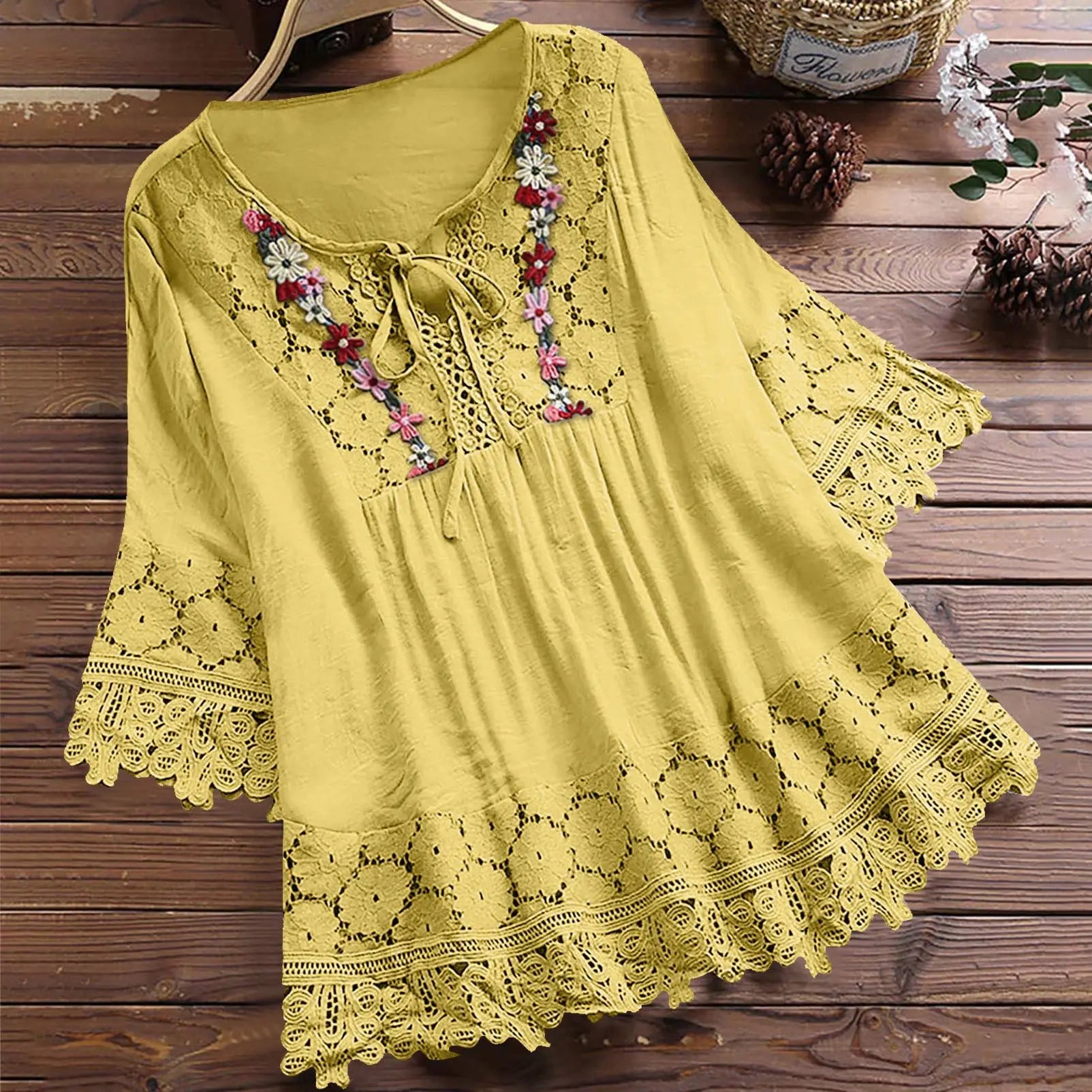 Summer Women Casual Solid Tops Shirt Cotton And Linen Stitching Lace Flower V-neck Loose Top Blouse New Elegant Holiday Shirts