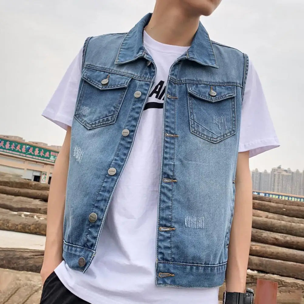 Denim Waistcoat Men's Sleeveless Denim Jacket with Ripped Holes Pockets Single Breasted Washed Waistcoat for Casual Loose Fit