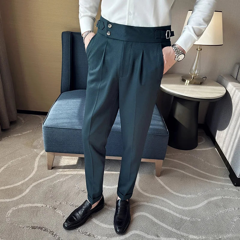 Pure Color Male Business Wedding Dress Pants Fashion Unique Design Men Waist Adjustable Suit Pant No Belt Slim Trousers Homme