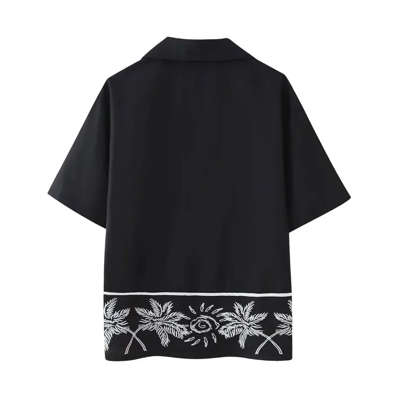 2024 Summer New Women Casual Lapel Short Sleeve Embroidered Shirt Tops Elastic High Waist Straight Pants Women Two Piece Sets