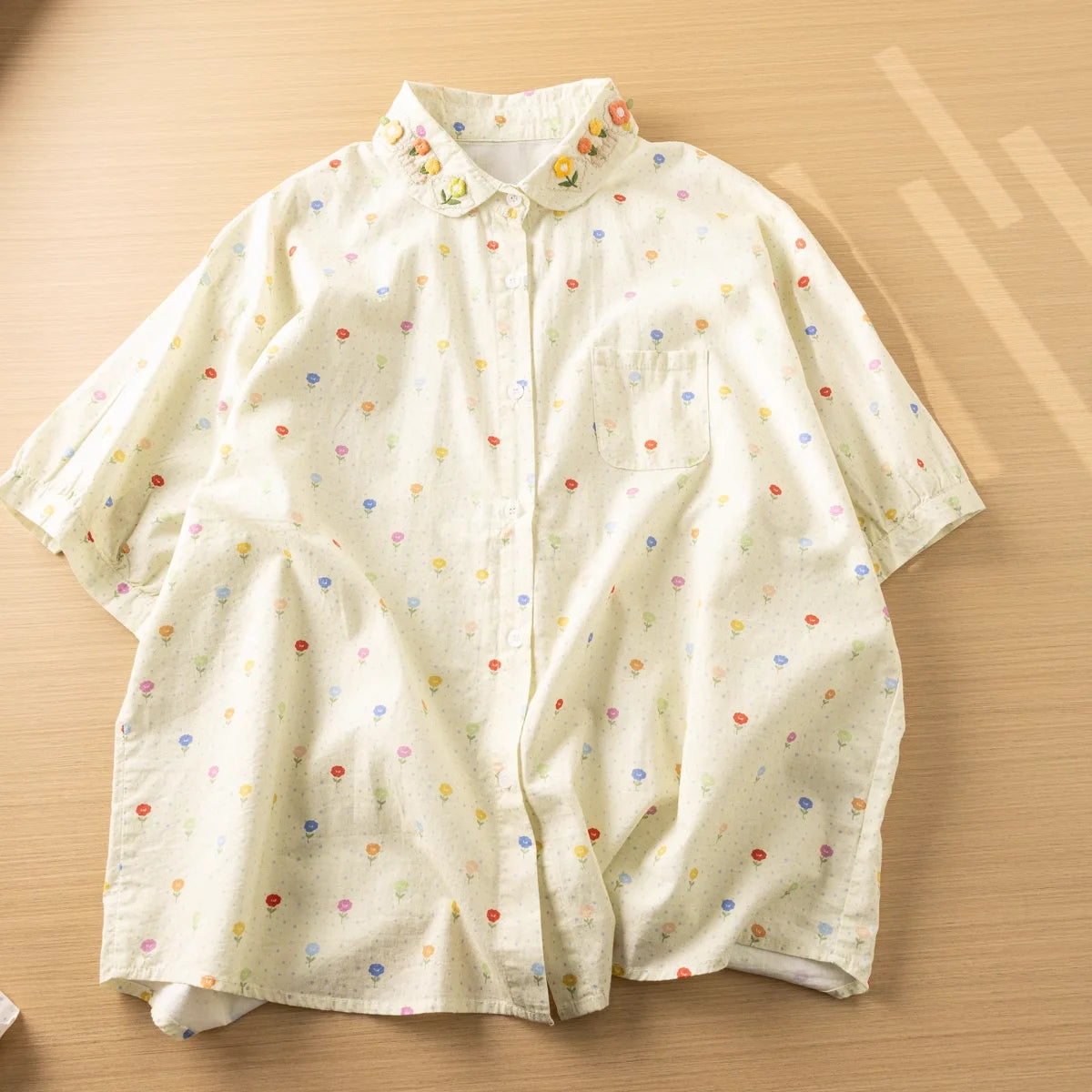 Mori kei clothing Japan style sweet floral embroidery printed shirts and blouses women 100% cotton knitted floral shirts