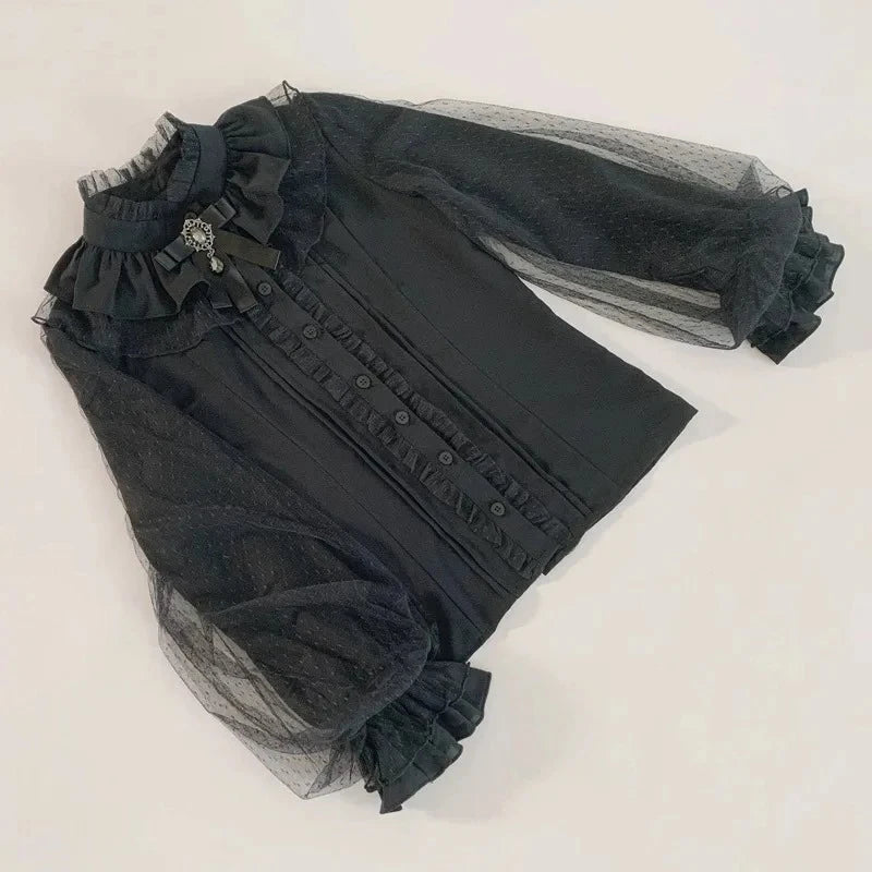Lolita Style Gothic Y2k Shirts Women Vintage Blouses Girls  Lantern Sleeve Victorian Sweet Mesh Ruffles Tops Punk Blusas Mujer