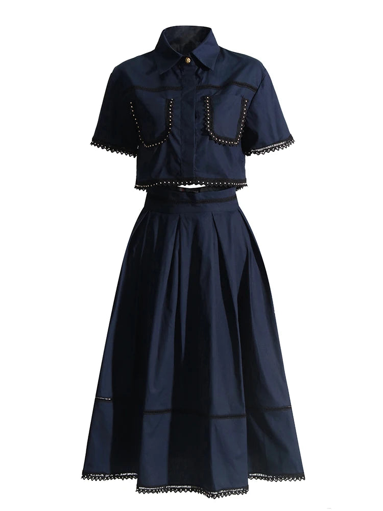 TWOTWINSTYLE Solid Summer Two Piece Sets For Women Lapel Short Sleeve Tops High Waist A Line Skirt Slim Set Female Fashion New
