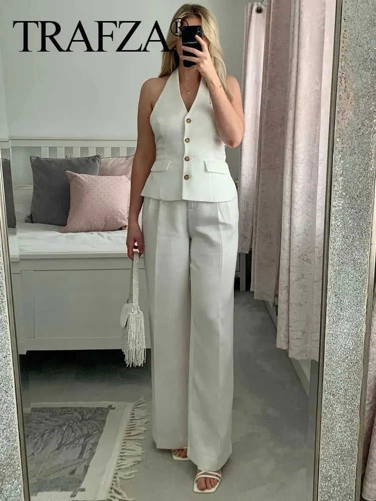 TRAFZA Women Fashion Solid Pant Suit Halter Single Breasted Sleeveless Blazer Vest Top Zipper Fly Trousers Office Lady Sets