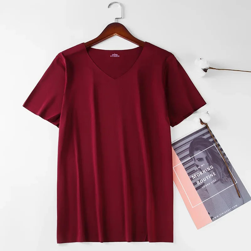 Men's Skinny Undershirt Plus Size Ice Silk Basic Shirts Breathable V-Neck Seamless T-shirt Underwear Thin Slim Bottoming Shirt