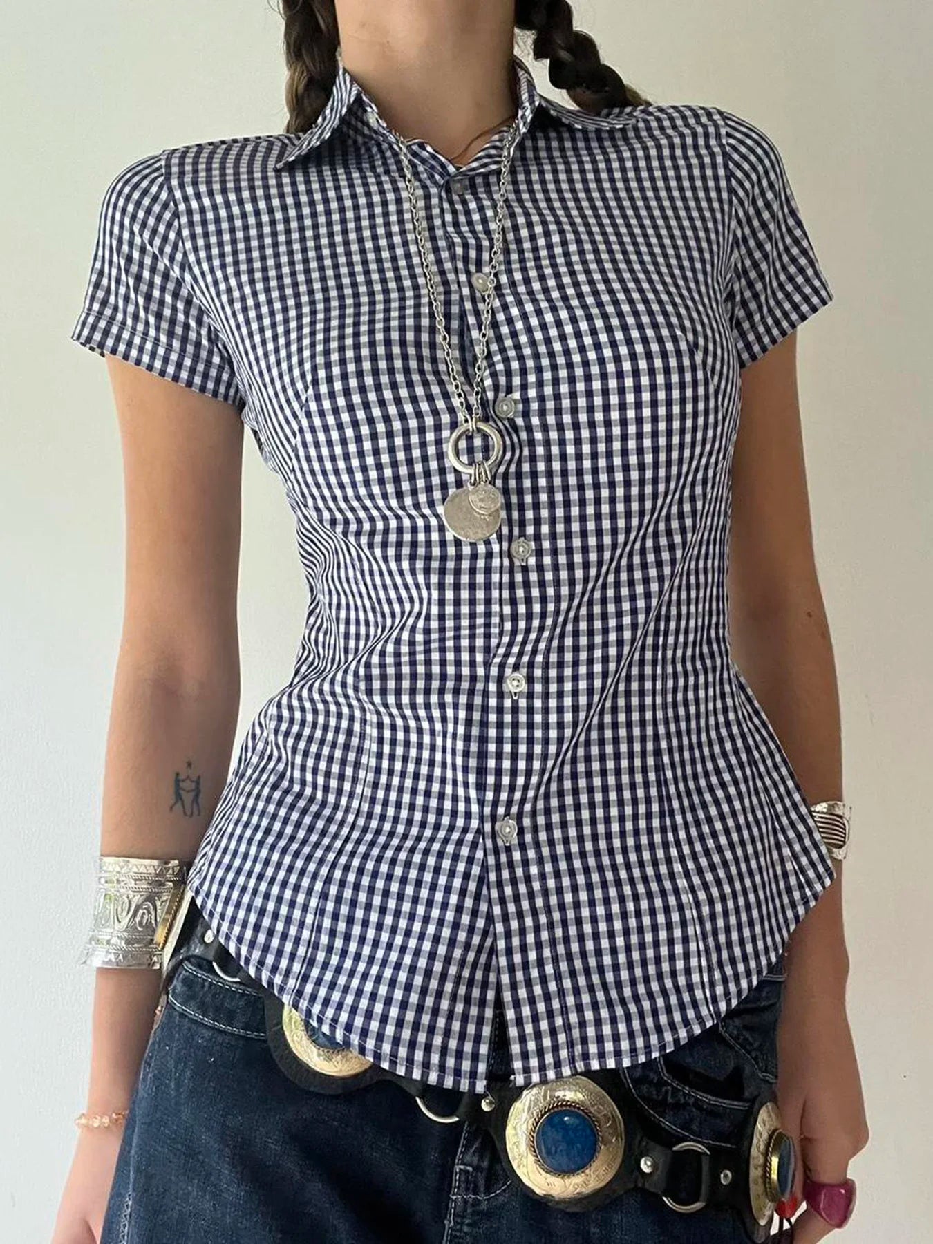 Rockmoer Fashion Blue Plaid Skinny Slim Blouses Office Ladies Y2K Aesthetic Vintage Buttons Up Shirts Women Korean Casual Tops
