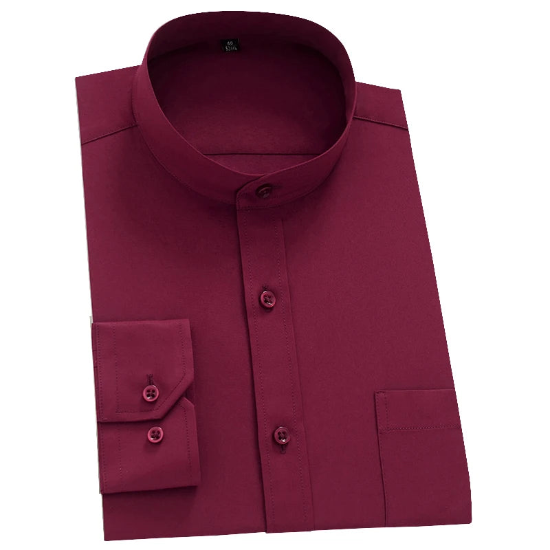Men's Long Sleeve Mao-collar (Mandarin Collar) Shirt Single Patch Pocket Smart Casual Regular-fit Business Office Dress Shirts