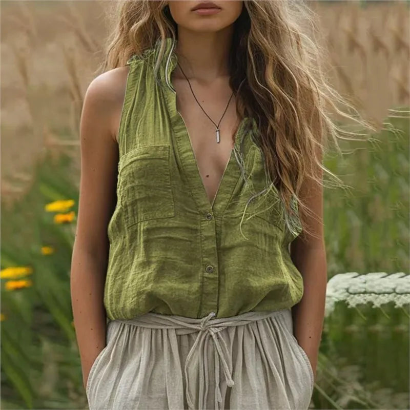 Elegant Sleeveless Women's Shirt Casual Loose Cotton And Linen Solid Color V-neck Vest Tops Fashion Pocket Button Up Blouse