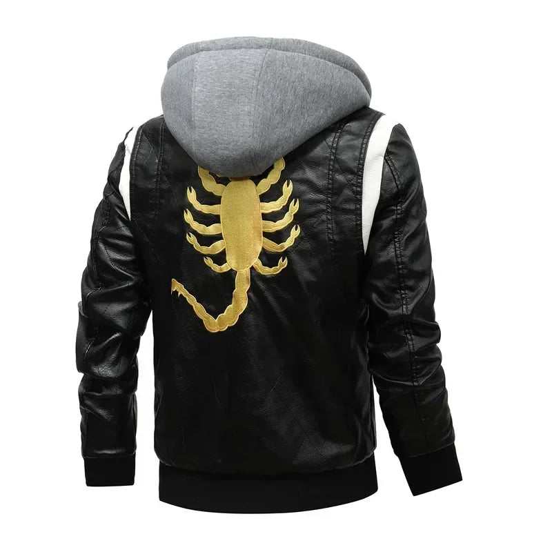 Ryan Gosling Drive Jacket Mens Winter Bomber Leather Jackets Men Scorpion Embroidery Hooded Jacket PU Leather Motorcycle Jacket